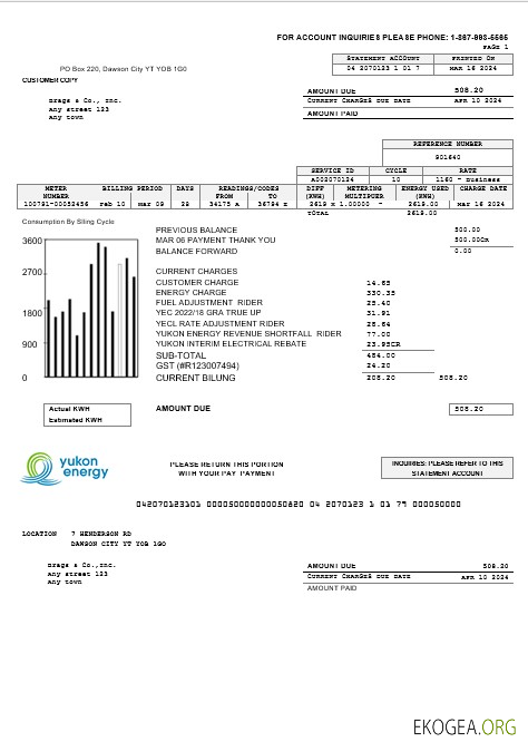 Modèle de facture de services publics pour les entreprises de Canada Yukon Energy aux formats Word et PDF